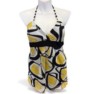 Vanity Women XL Y2K Babydoll‎ Black Yellow White Geometric Halter Beaded Strap